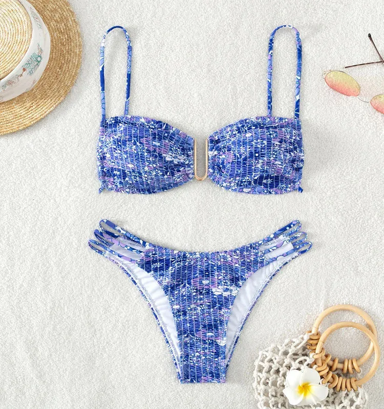 Women's floral bikini swimsuit with high-waist briefs in solid colour patterns
