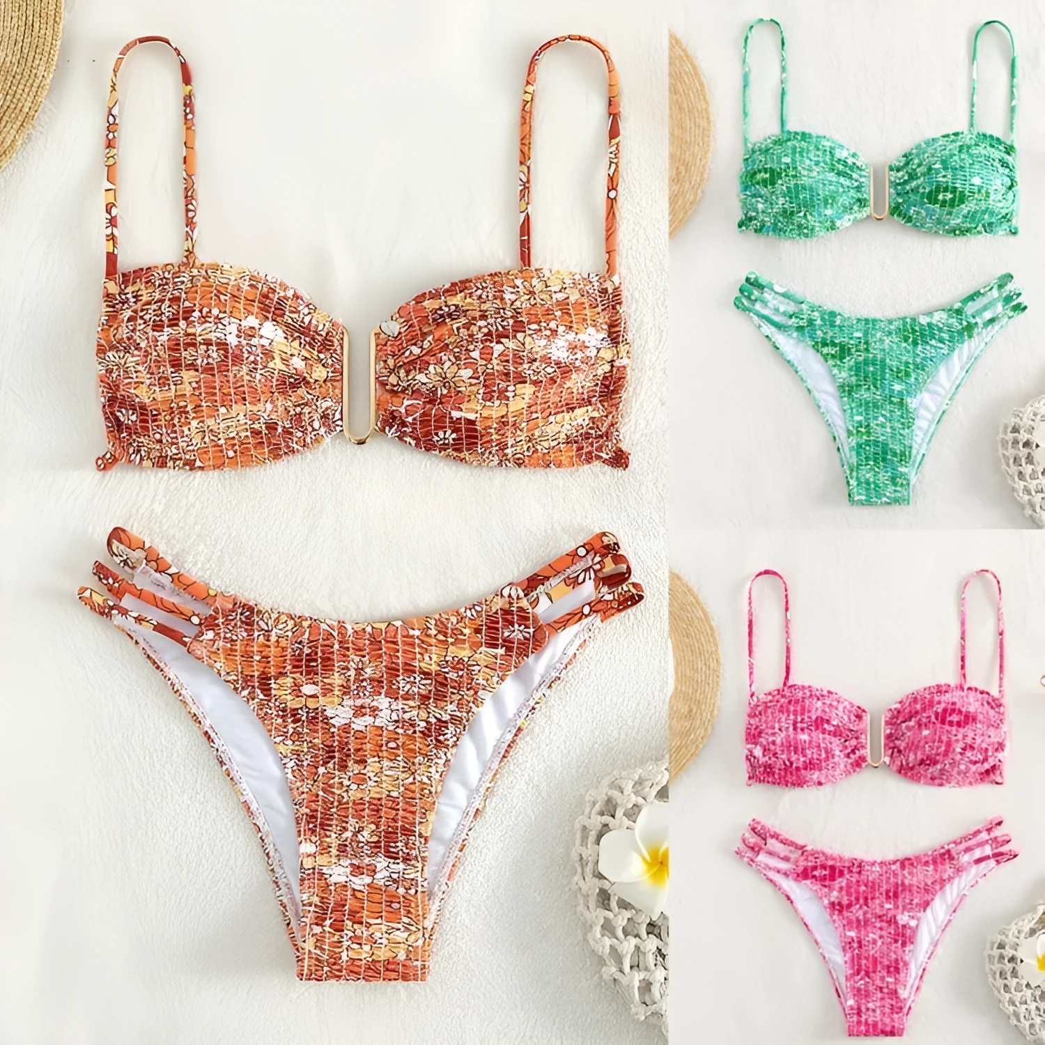 Women's floral bikini swimsuit with high-waist briefs in solid colour patterns
