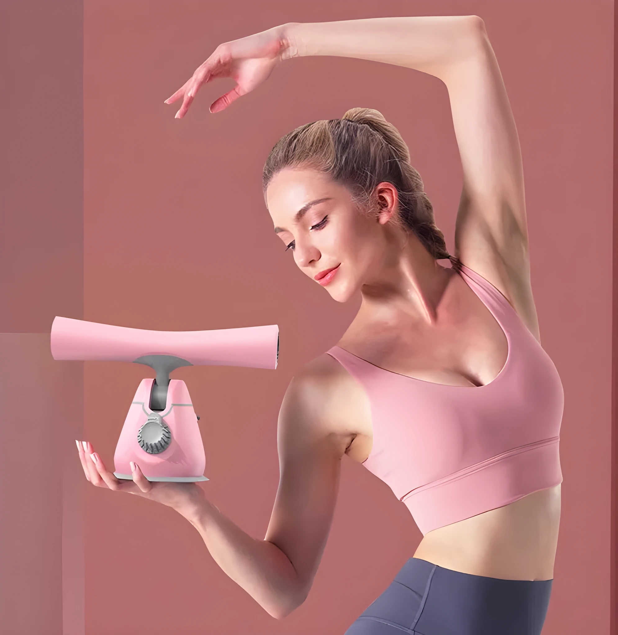 Women's sit-up aid with suction cup base, thick foam foot pad, and adjustable height mechanism on a home floor