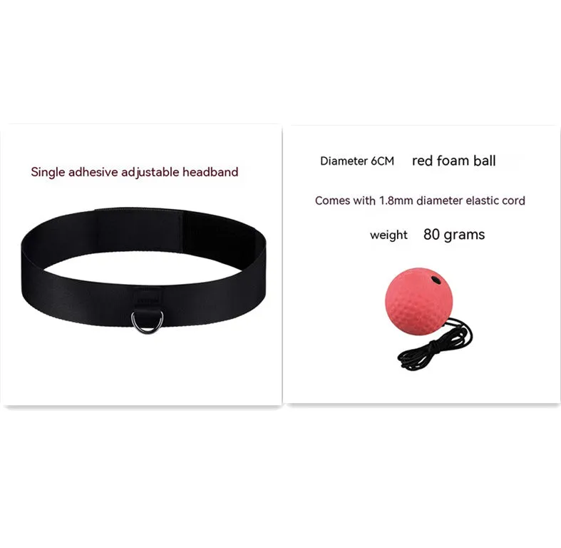 Head-mounted boxing reaction ball set showing multiple coloured PU balls, a rubber ball, and two headband options.