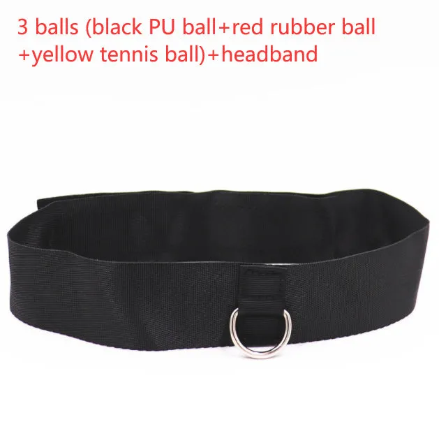 Head-mounted boxing reaction ball set showing multiple coloured PU balls, a rubber ball, and two headband options.