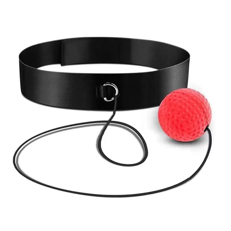 Head-mounted boxing reaction ball set showing multiple coloured PU balls, a rubber ball, and two headband options.