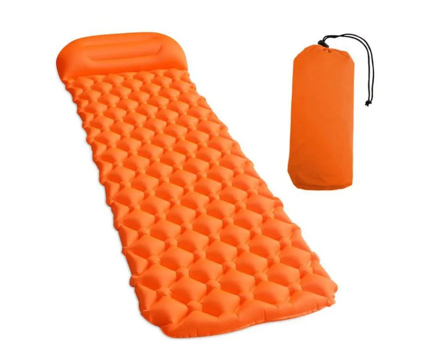 Outdoor inflatable camping mat with pillow in Army Green on grass