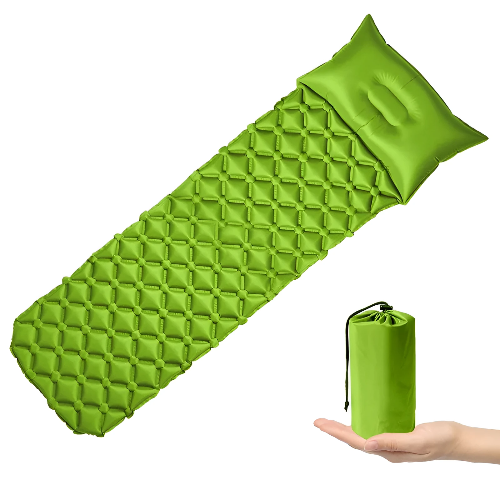 Outdoor inflatable camping mat with pillow in Army Green on grass