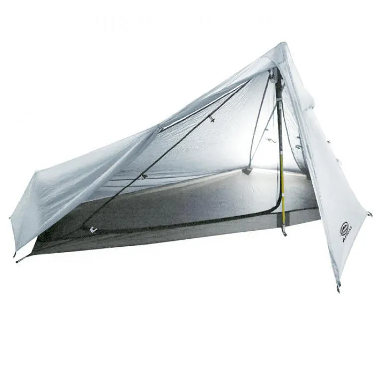 Single-person silicone-coated rodless tent in grey, 205x92x110cm, set up outdoors