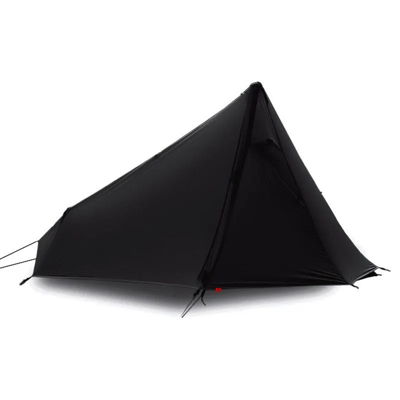 Single-person silicone-coated rodless tent in grey, 205x92x110cm, set up outdoors