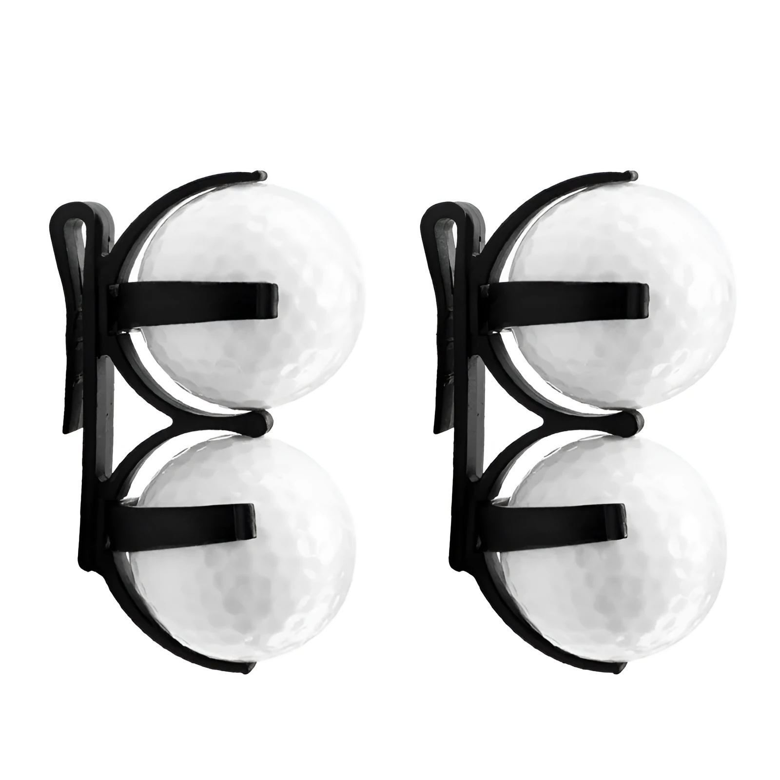 Black plastic golf ball holder clip for belt or bag, holds two golf balls, approx 8 x 4.2 x 1cm