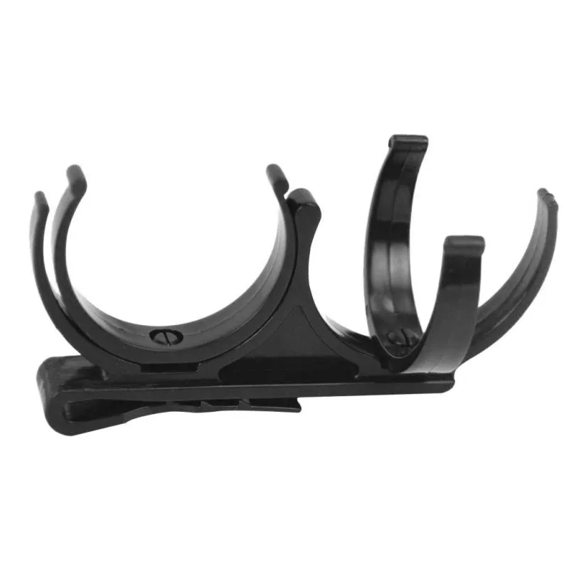 Black plastic golf ball holder clip for belt or bag, holds two golf balls, approx 8 x 4.2 x 1cm