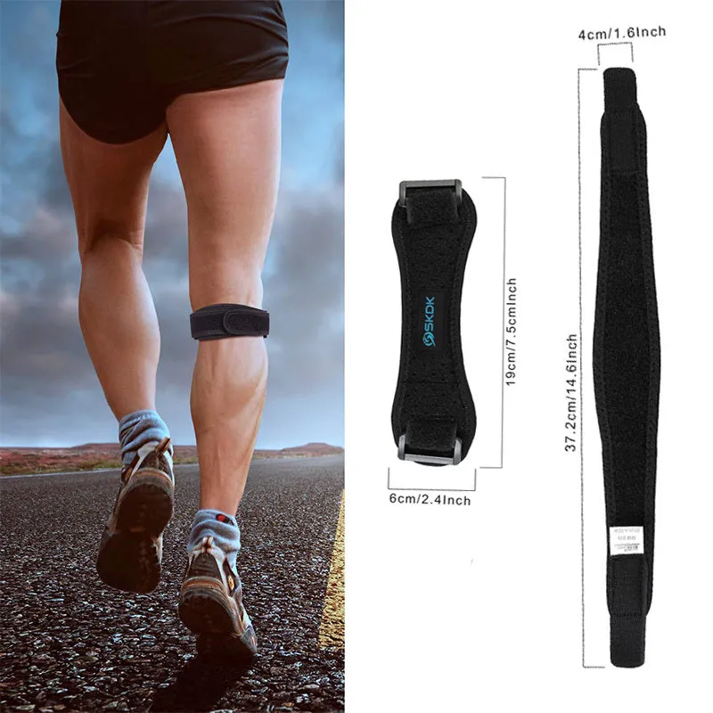 Black sport kneecap with silicone gasket and double-pressure strap for running and hiking support