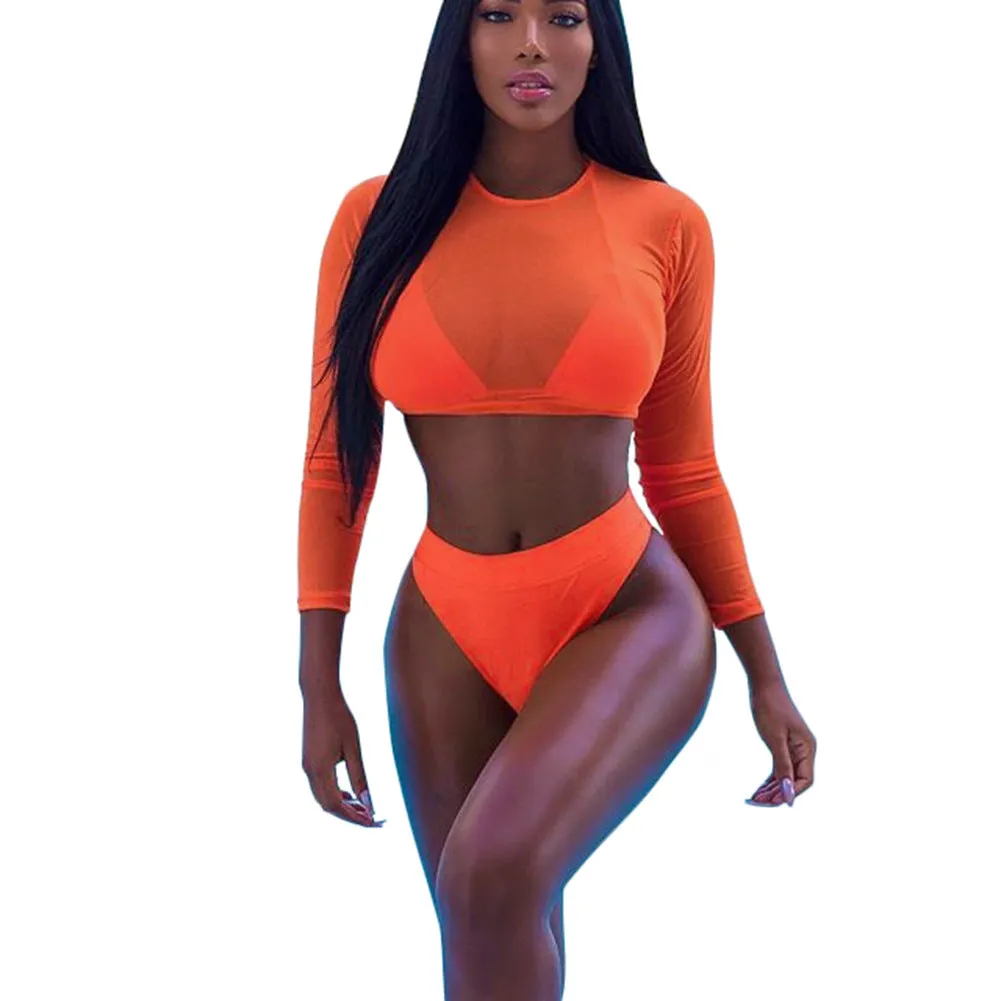 Orange three-piece solid see-through bikini set with high-waist bottom and wire-free padded top