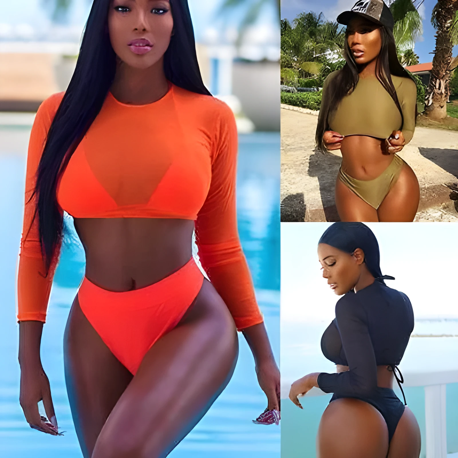 Orange three-piece solid see-through bikini set with high-waist bottom and wire-free padded top