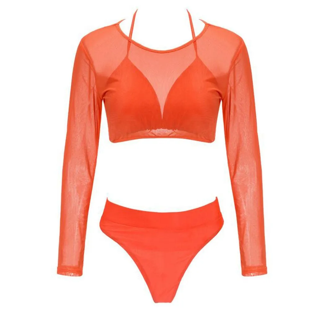 Orange three-piece solid see-through bikini set with high-waist bottom and wire-free padded top