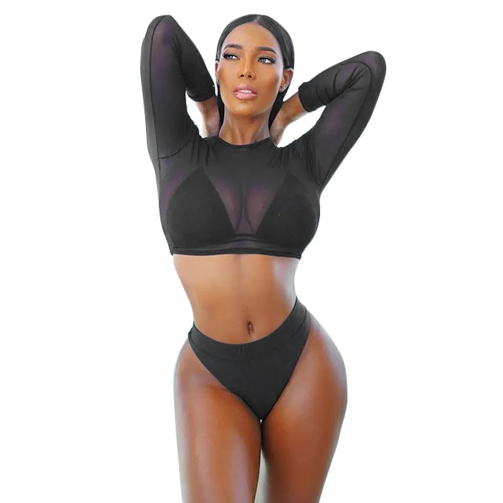 Orange three-piece solid see-through bikini set with high-waist bottom and wire-free padded top