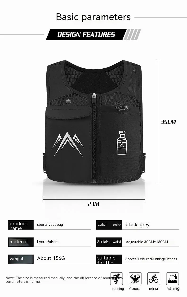 Black breathable mesh sports running vest with a front chest pocket for a mobile phone.