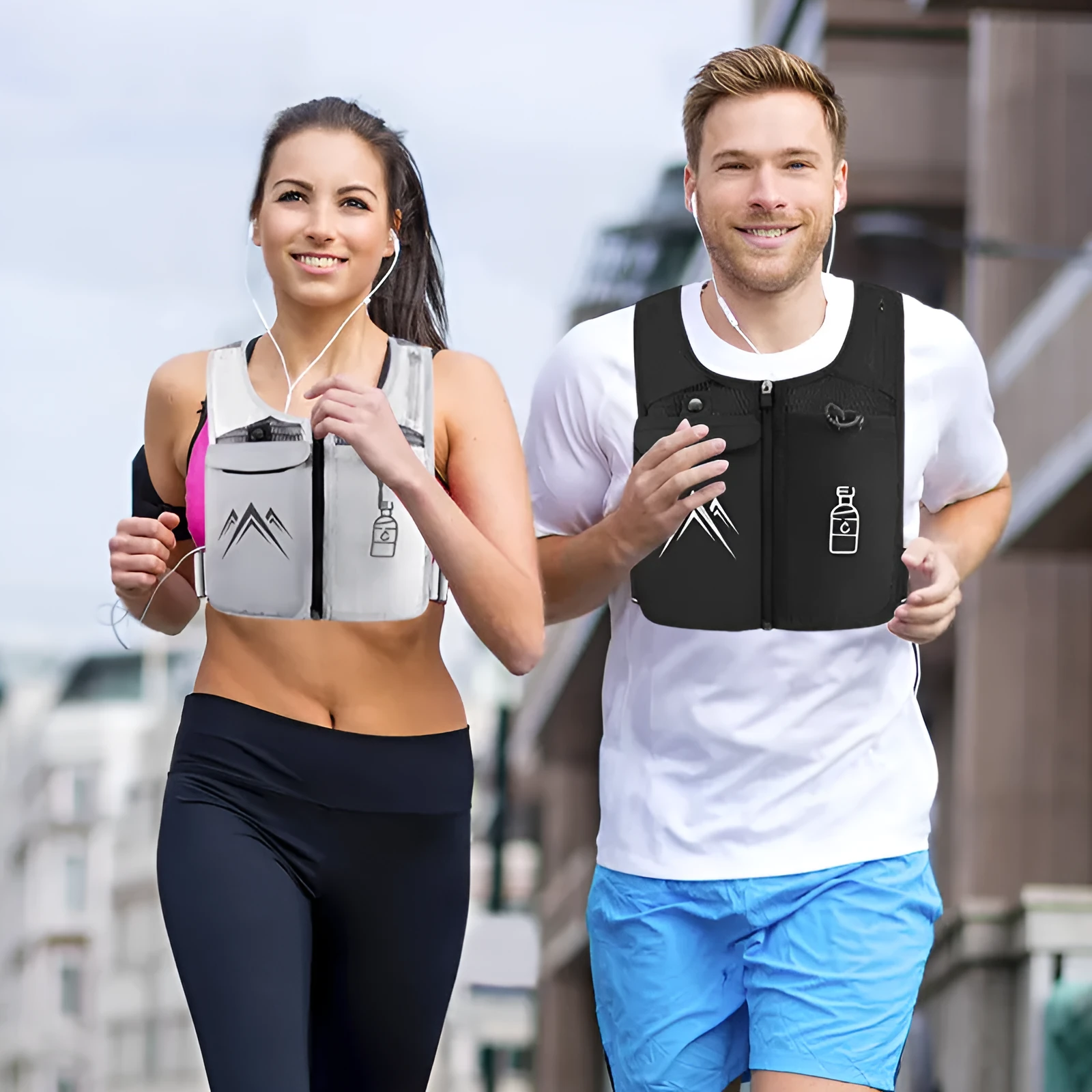 Black breathable mesh sports running vest with a front chest pocket for a mobile phone.