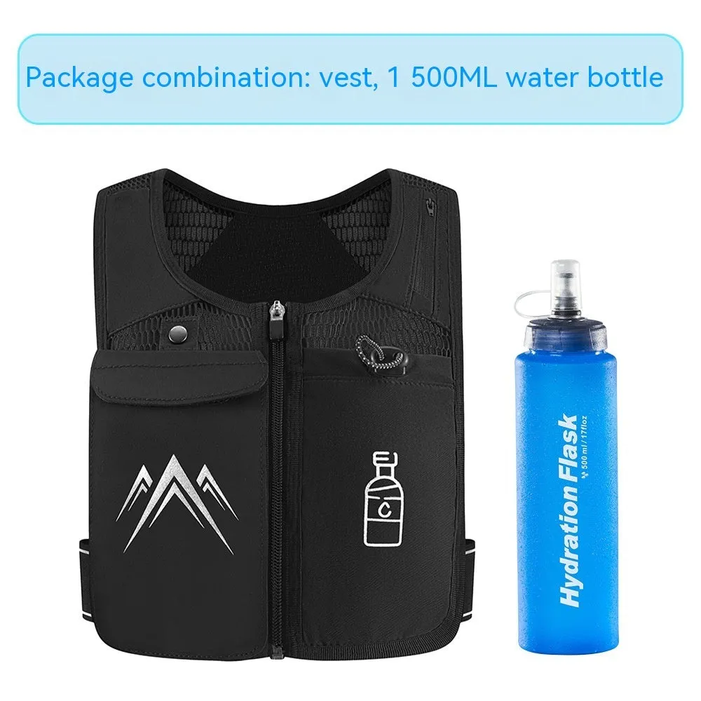 Black breathable mesh sports running vest with a front chest pocket for a mobile phone.