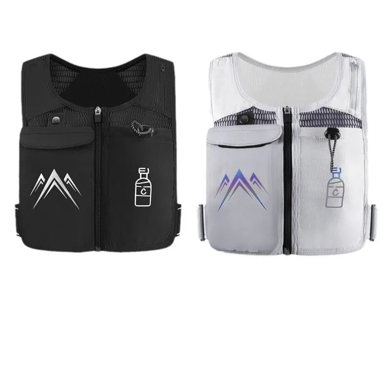 Black breathable mesh sports running vest with a front chest pocket for a mobile phone.