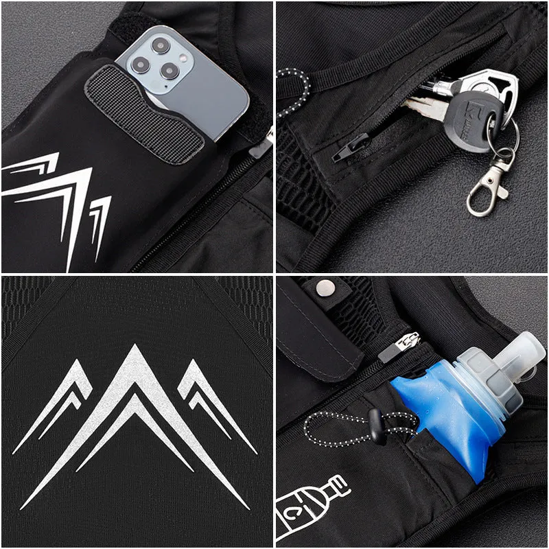 Black breathable mesh sports running vest with a front chest pocket for a mobile phone.