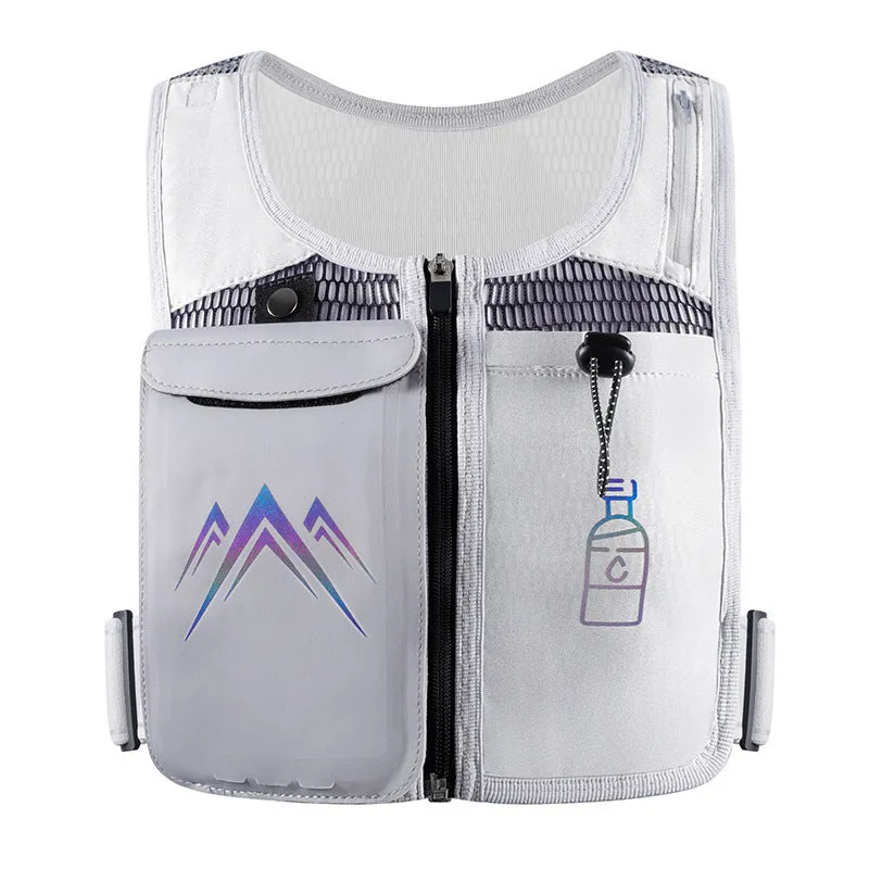 Black breathable mesh sports running vest with a front chest pocket for a mobile phone.