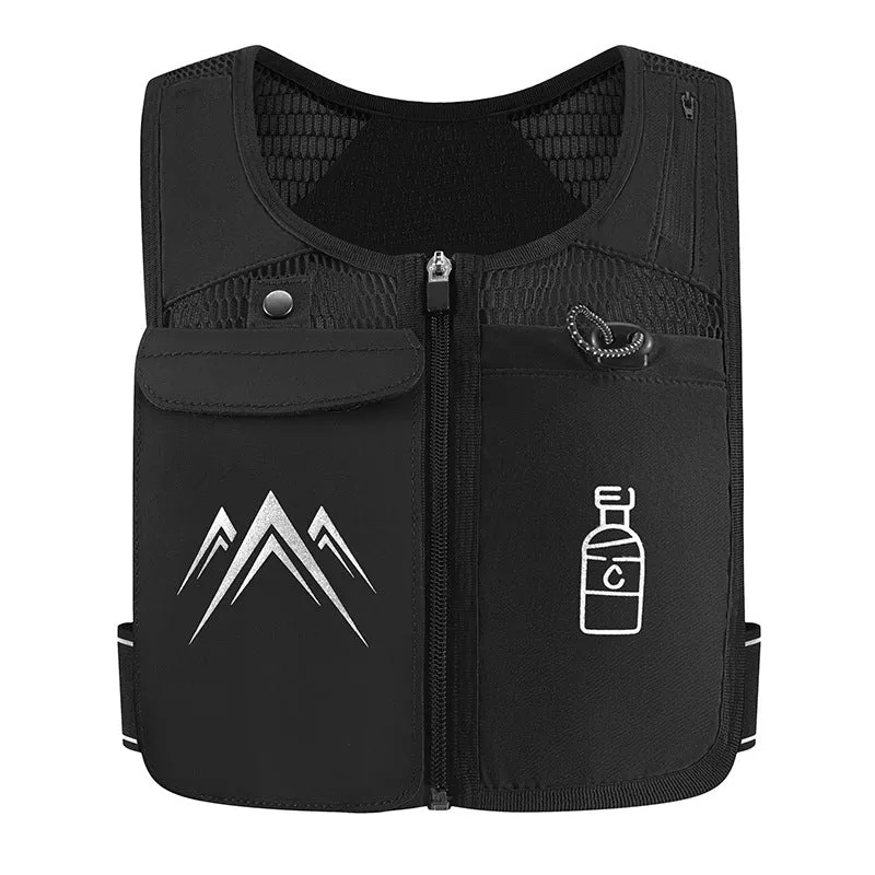 Black breathable mesh sports running vest with a front chest pocket for a mobile phone.