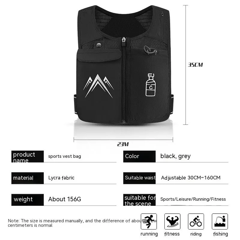 Black breathable mesh sports running vest with a front chest pocket for a mobile phone.