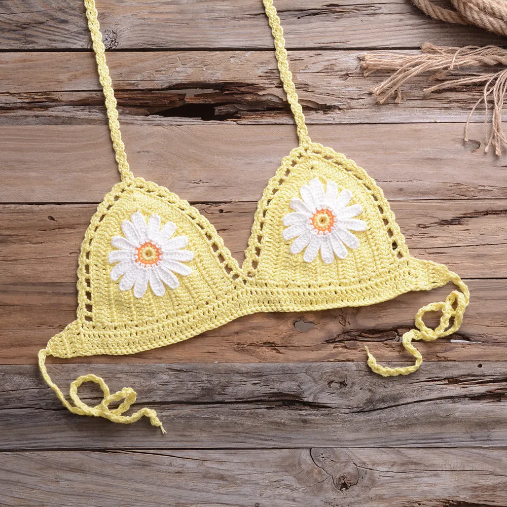 Two-piece bikini set in cotton blended fabric, available in eight colours including black, white, khaki, blue, light blue, orange, red, yellow