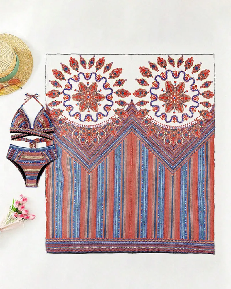 A three-piece women's swimsuit set showing a cutout blouse, high-waist briefs, and a sleeveless cover-up coat.