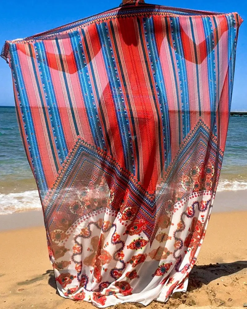 A three-piece women's swimsuit set showing a cutout blouse, high-waist briefs, and a sleeveless cover-up coat.