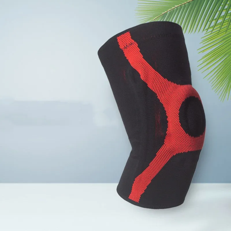 Red and grey knitted sports knee pads with silicone non-slip protection for running and climbing.