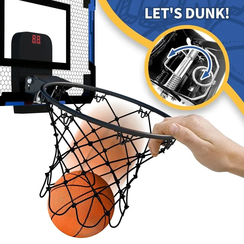 Indoor basketball hoop shooting toy with scoreboard, two balls, and inflator in red