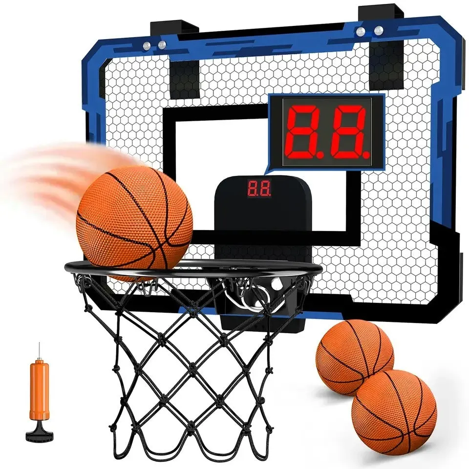 Indoor basketball hoop shooting toy with scoreboard, two balls, and inflator in red