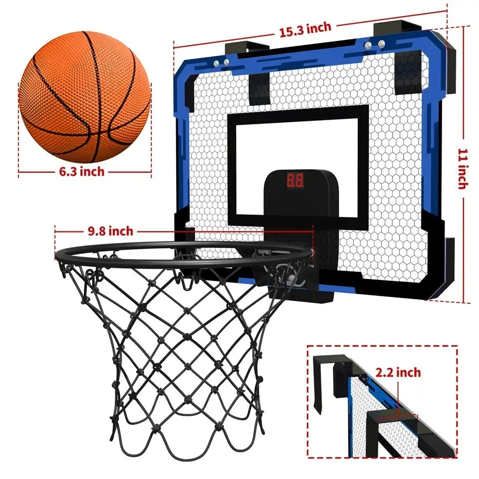 Indoor basketball hoop shooting toy with scoreboard, two balls, and inflator in red