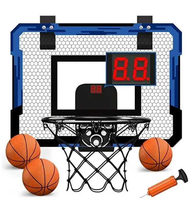 Indoor basketball hoop shooting toy with scoreboard, two balls, and inflator in red