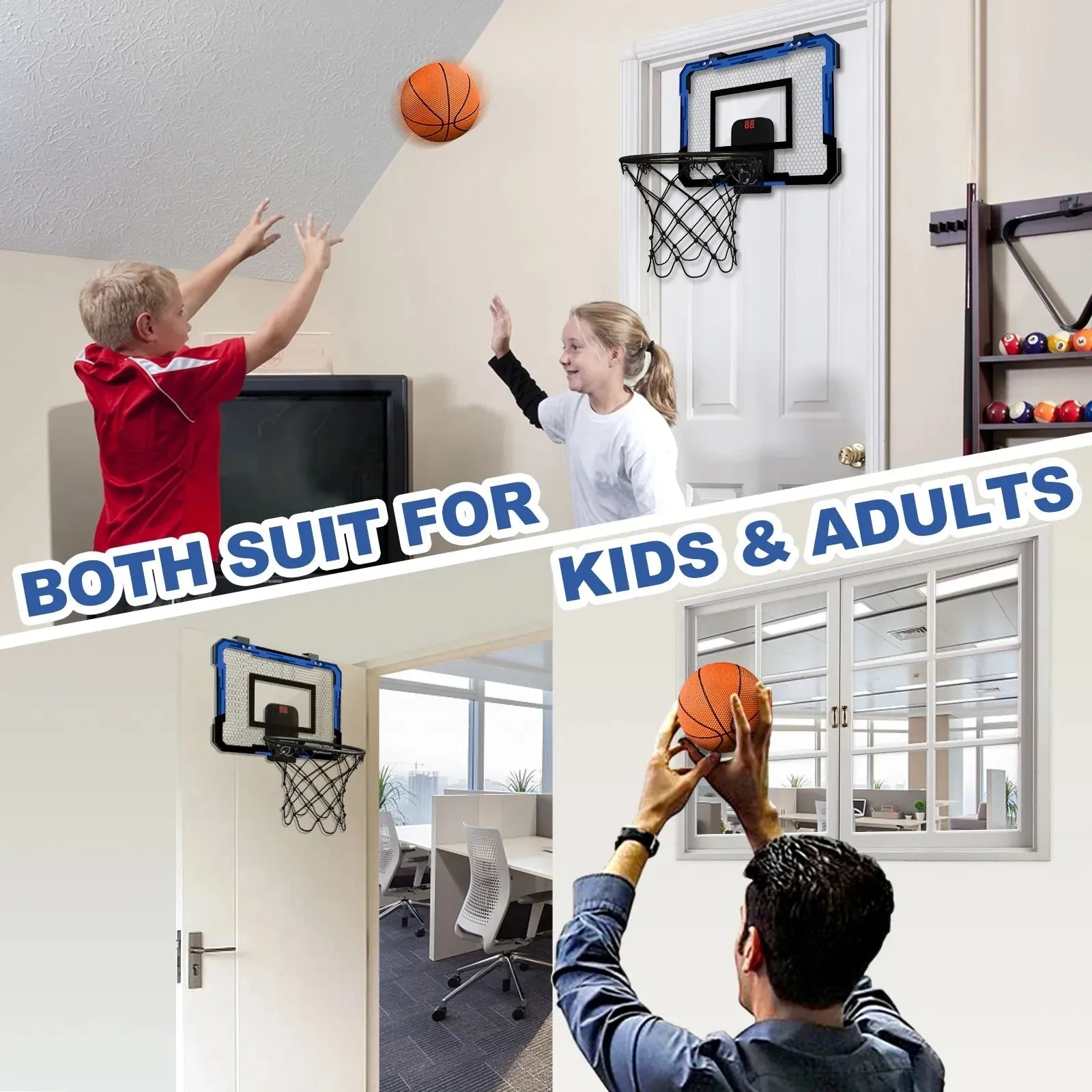 Indoor basketball hoop shooting toy with scoreboard, two balls, and inflator in red