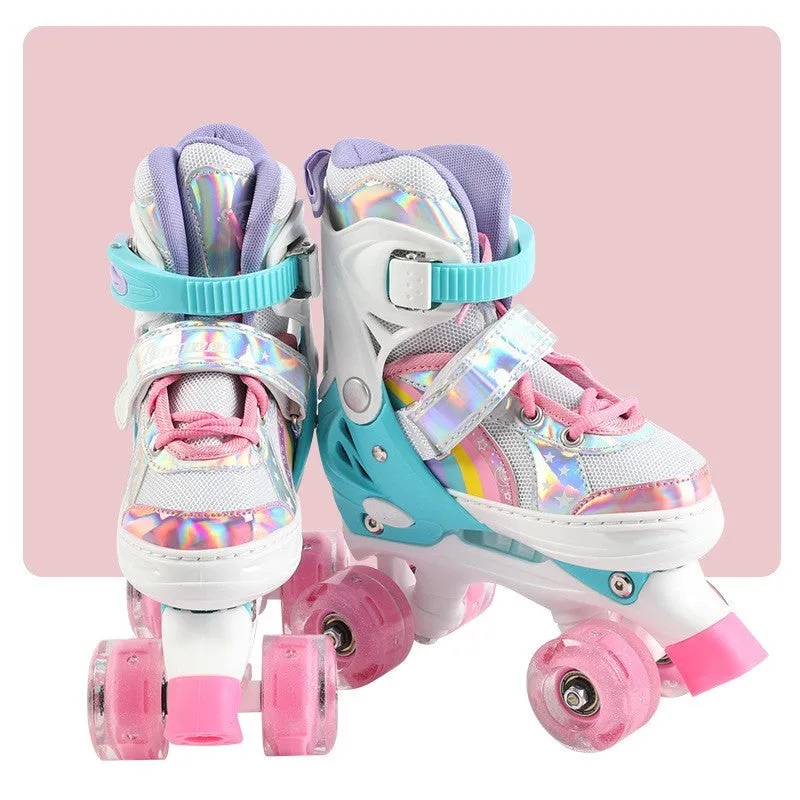 Children's double row roller skates in rainbow blue with full-flash PU wheels and black PVC upper