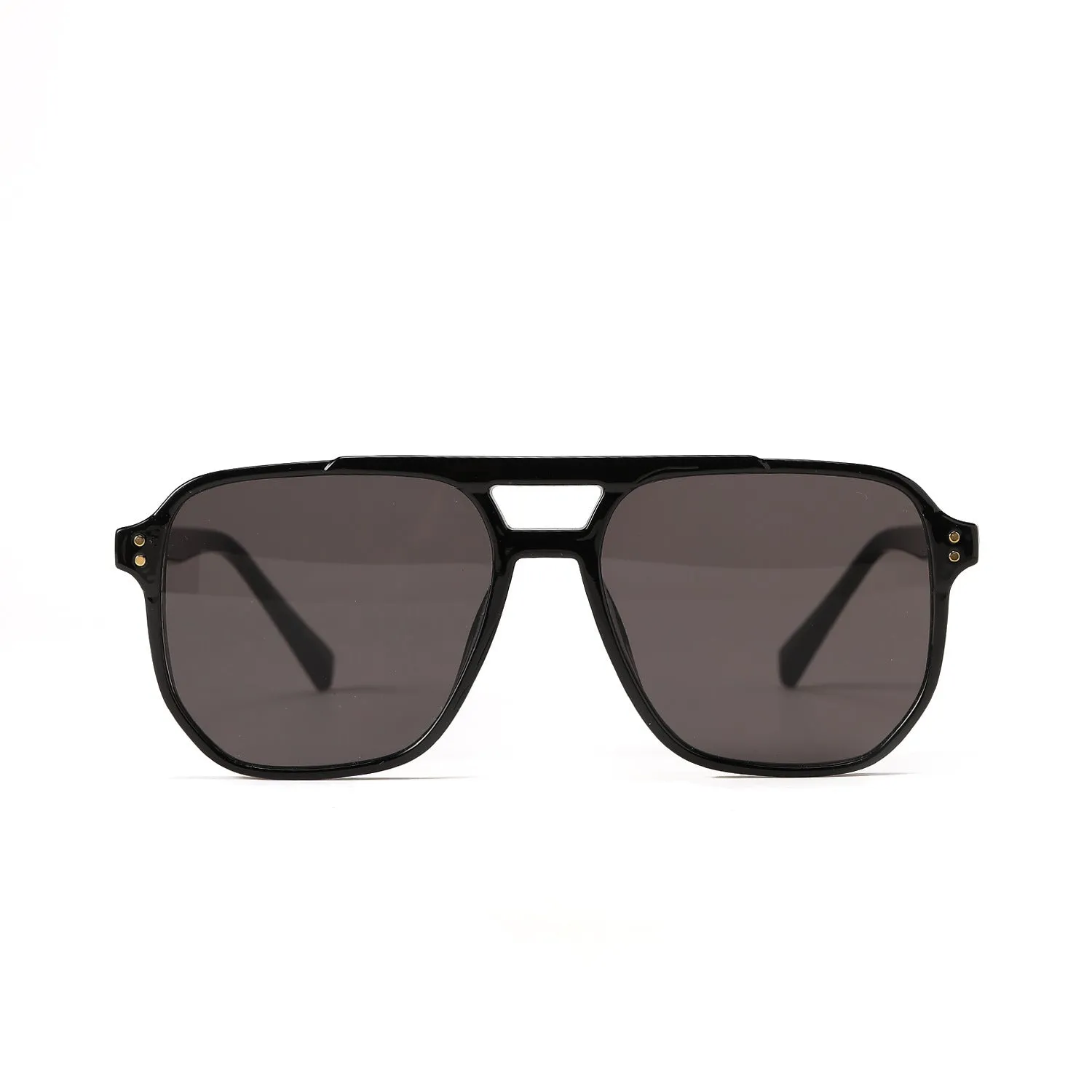 Square double beam sunglasses for women in black frame with pink lenses, UV400 protection