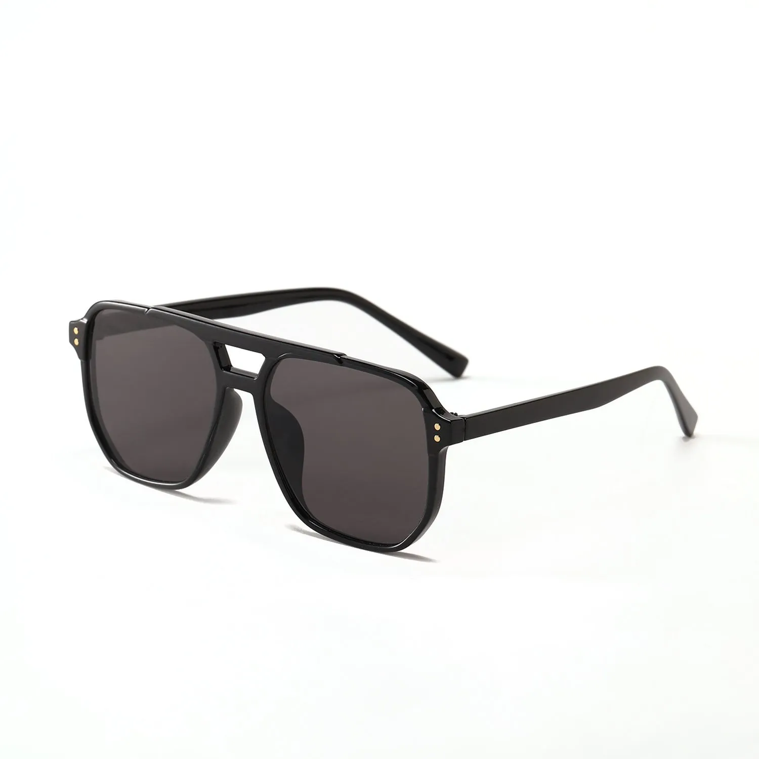 Square double beam sunglasses for women in black frame with pink lenses, UV400 protection