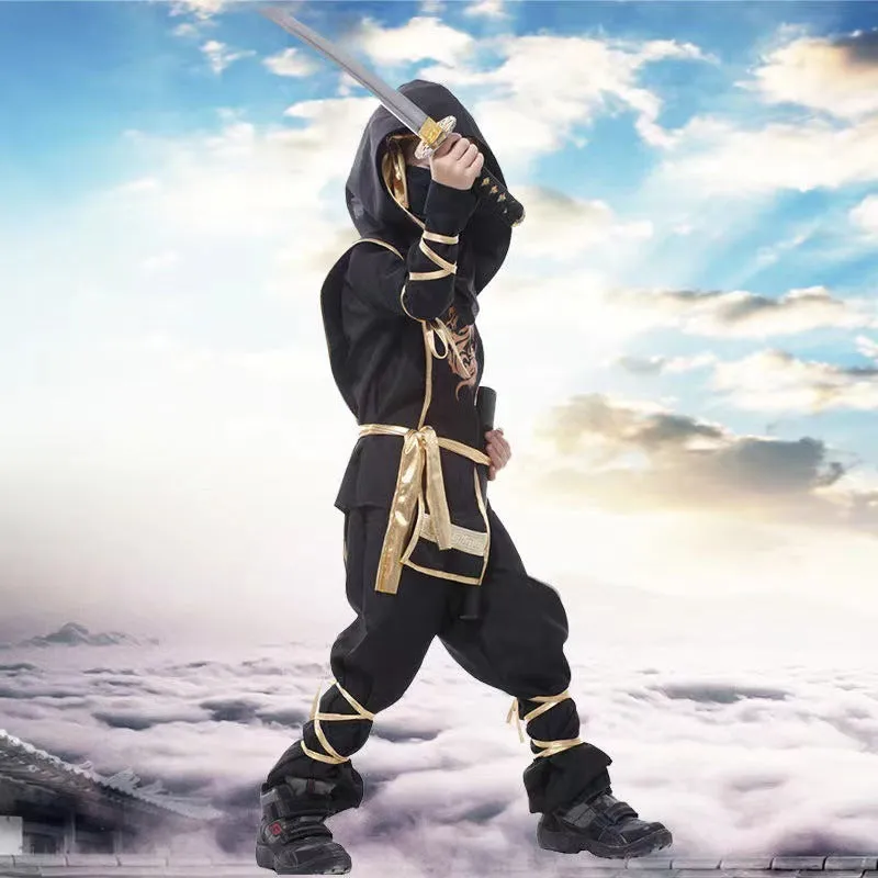 Children's Halloween cosplay costume set in black and gold with mask, armour, and accessories