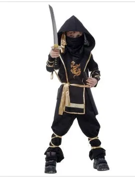 Children's Halloween cosplay costume set in black and gold with mask, armour, and accessories