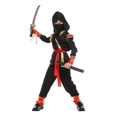 Children's Halloween cosplay costume set in black and gold with mask, armour, and accessories