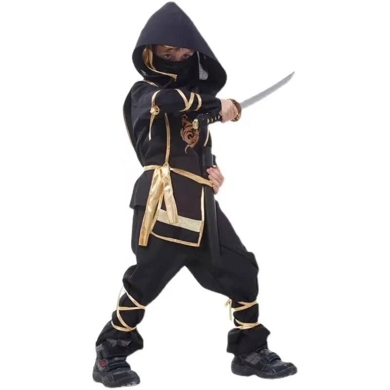 Children's Halloween cosplay costume set in black and gold with mask, armour, and accessories