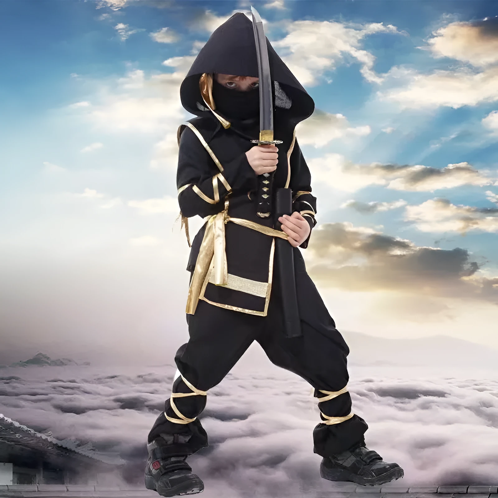 Children's Halloween cosplay costume set in black and gold with mask, armour, and accessories