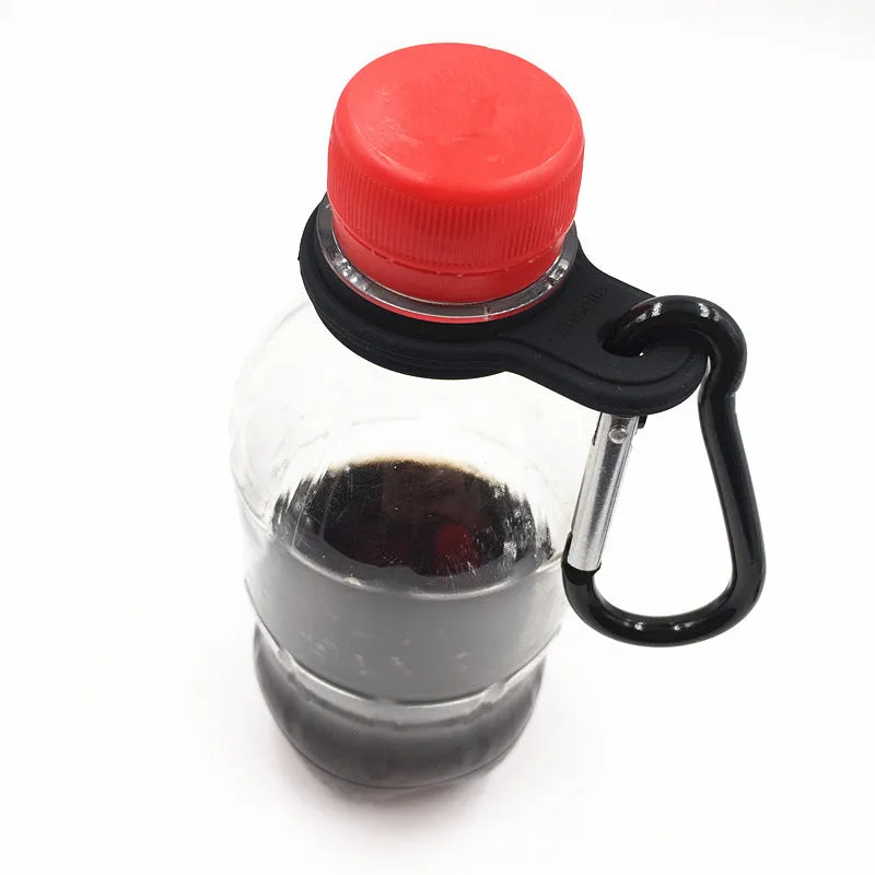 Outdoor travel water bottle hanging buckle in silicone, 55x37mm, shown on backpack strap