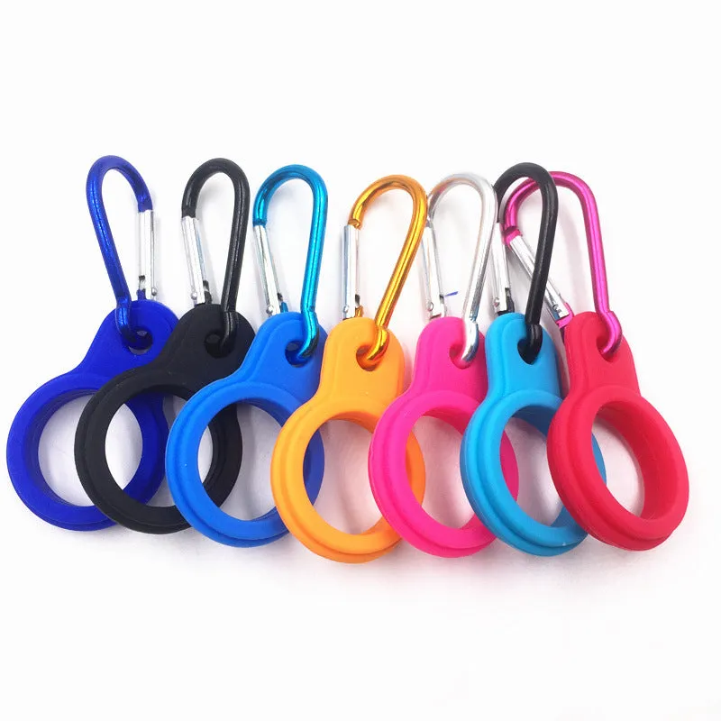Outdoor travel water bottle hanging buckle in silicone, 55x37mm, shown on backpack strap