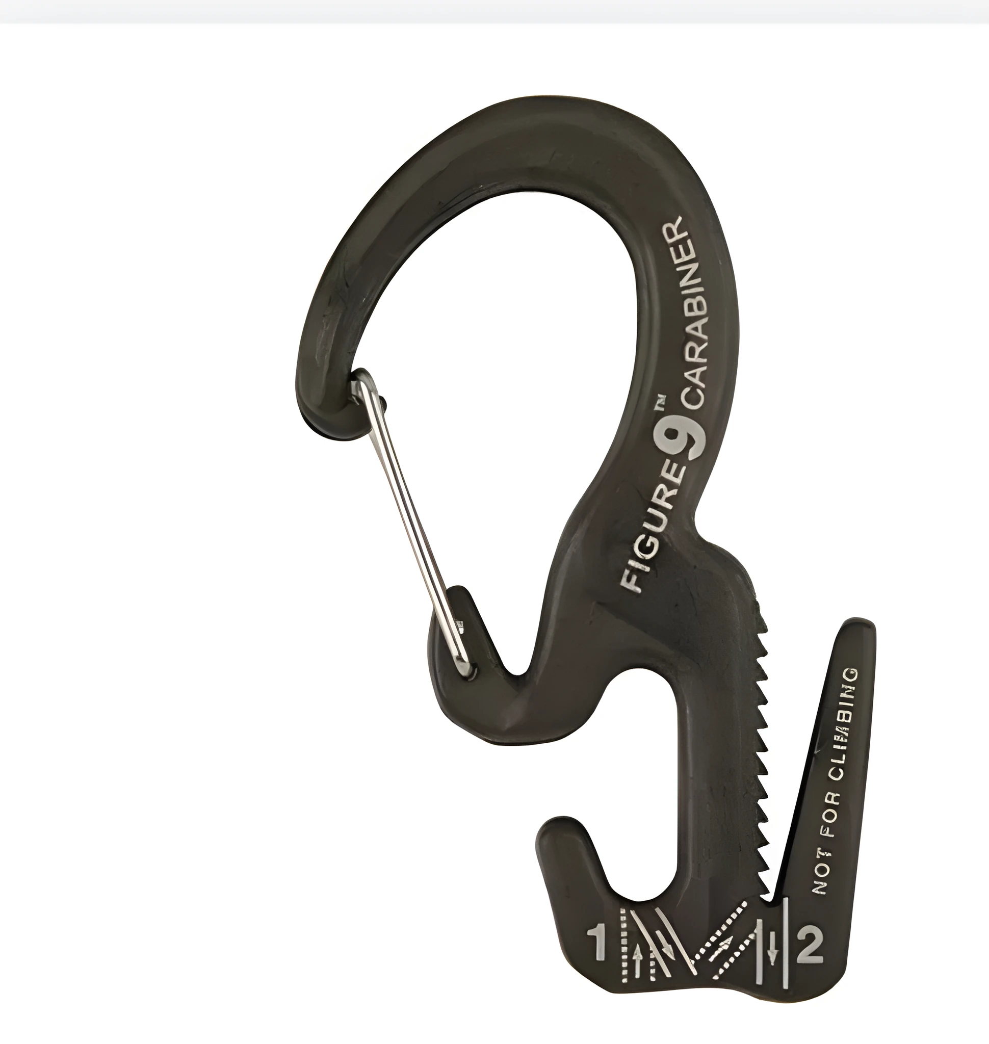 Small aluminum rope tightening mechanism with carabiner clip in black colour for camping and tarp use