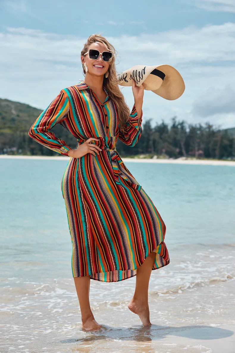 Colour striped long-sleeved rayon beach skirt coverall for women seaside sun protection