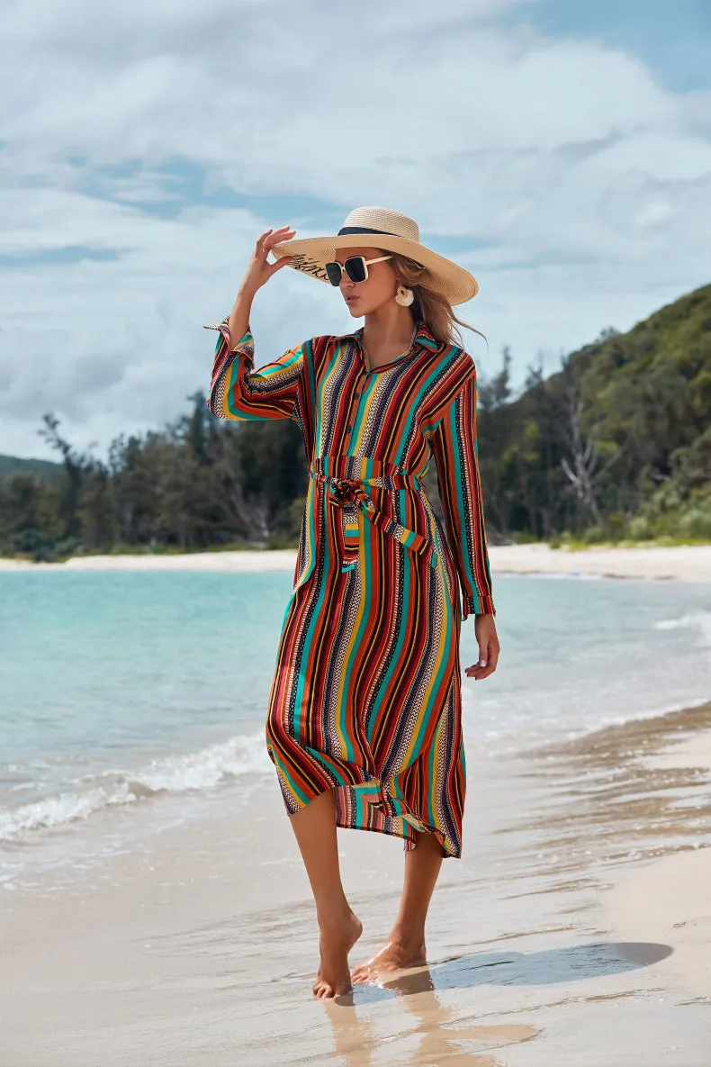 Colour striped long-sleeved rayon beach skirt coverall for women seaside sun protection