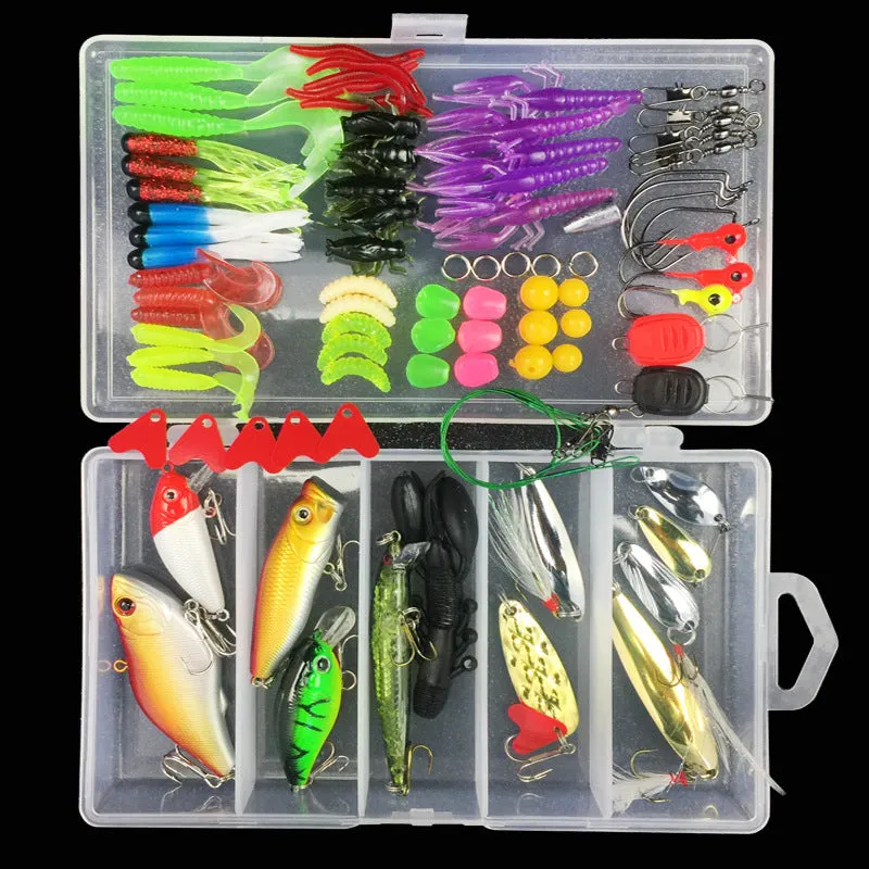Junior entry-level fishing lure suit collection in PP box packaging showing multiple bait lures
