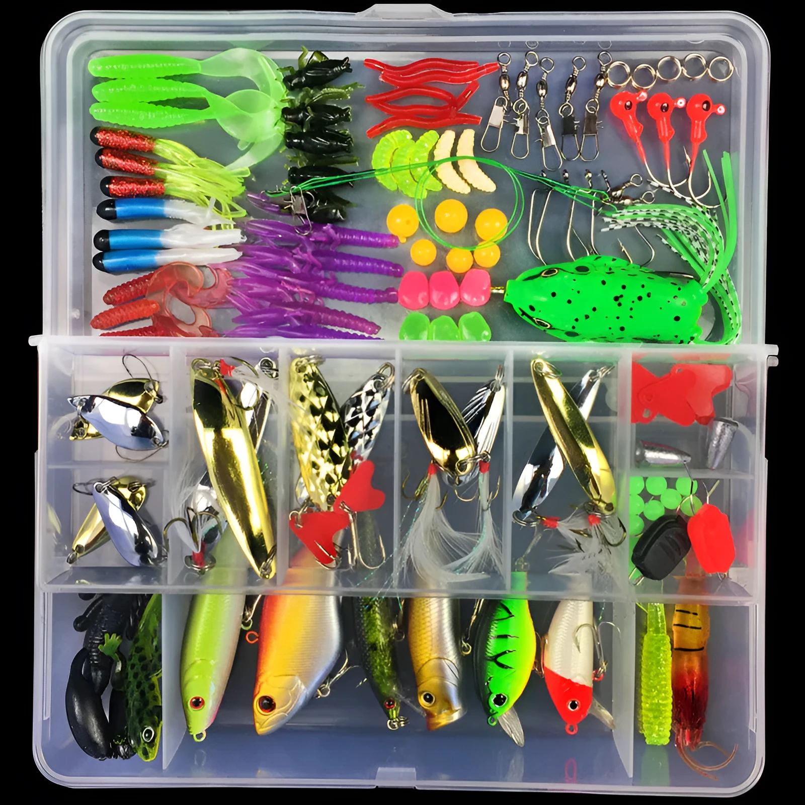 Junior entry-level fishing lure suit collection in PP box packaging showing multiple bait lures