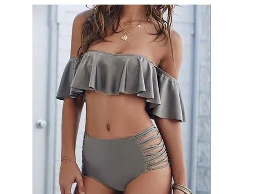 High waist one shoulder split bikini swimsuit in solid colour with braided strap and removable pads
